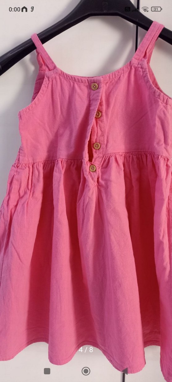 Pembe Keten Kız Çocuk Fırfırlı Elbise - Görsel 3