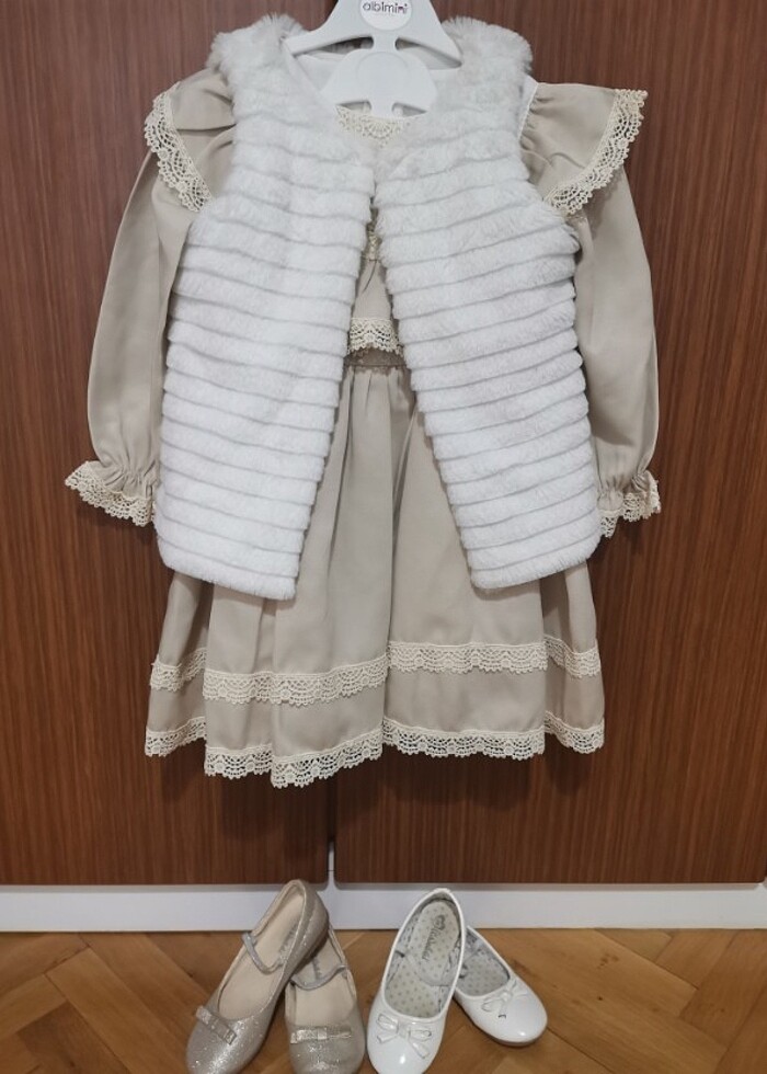 keten vıntage taş rengi kız çocuk elbise 4-5 yaş pelüş yelek ve  - Görsel 3