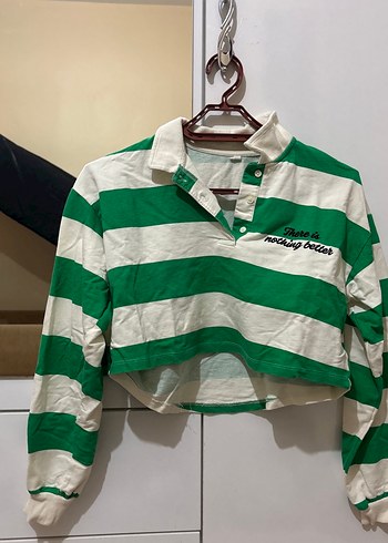 Yeşil Beyaz Çizgili Pamuklu Kadın Sweatshirt - Görsel 2