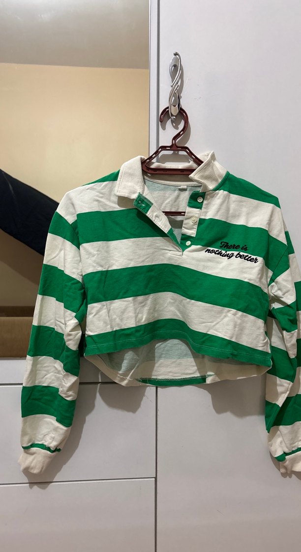 Yeşil Beyaz Çizgili Pamuklu Kadın Sweatshirt - Görsel 2