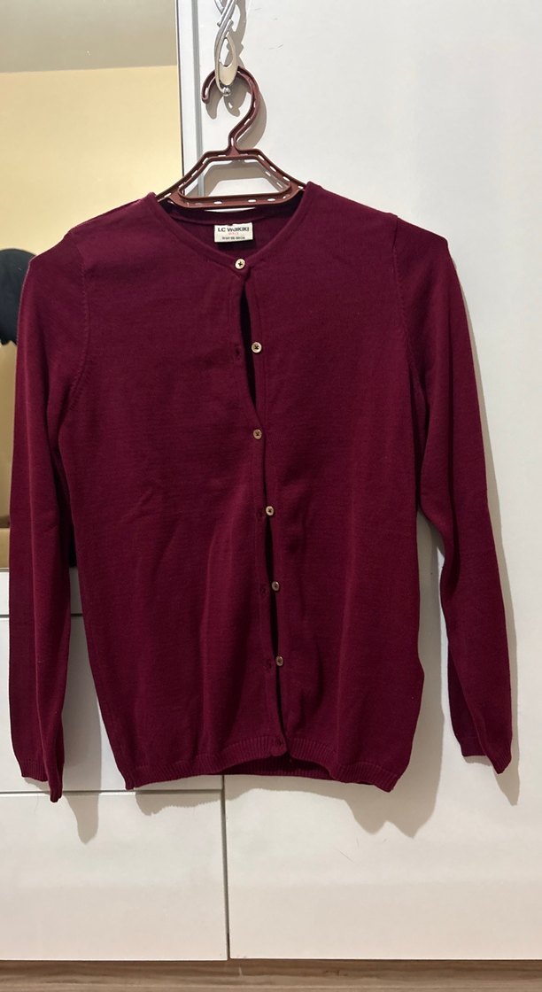 Bordo Kadın Düğmeli Uzun Kollu Hırka - Görsel 2