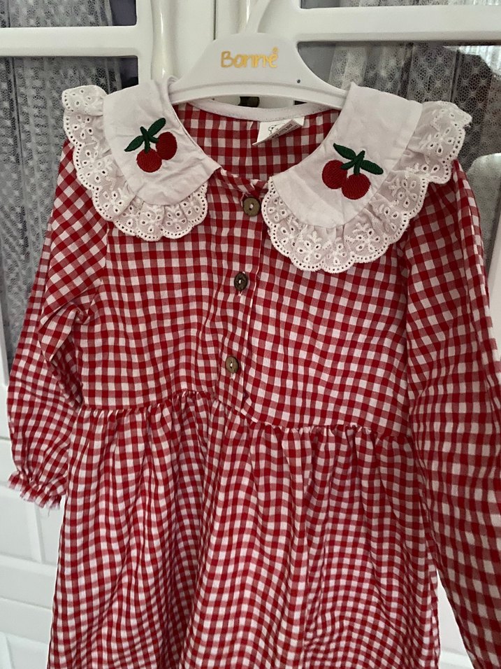 Kız Çocuk Kırmızı Fırfırlı Pamuklu Elbise - Görsel 3