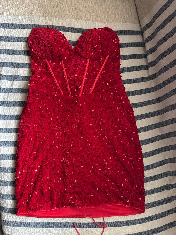 Parlak Kırmızı Straplez Mini Elbise - Görsel 3