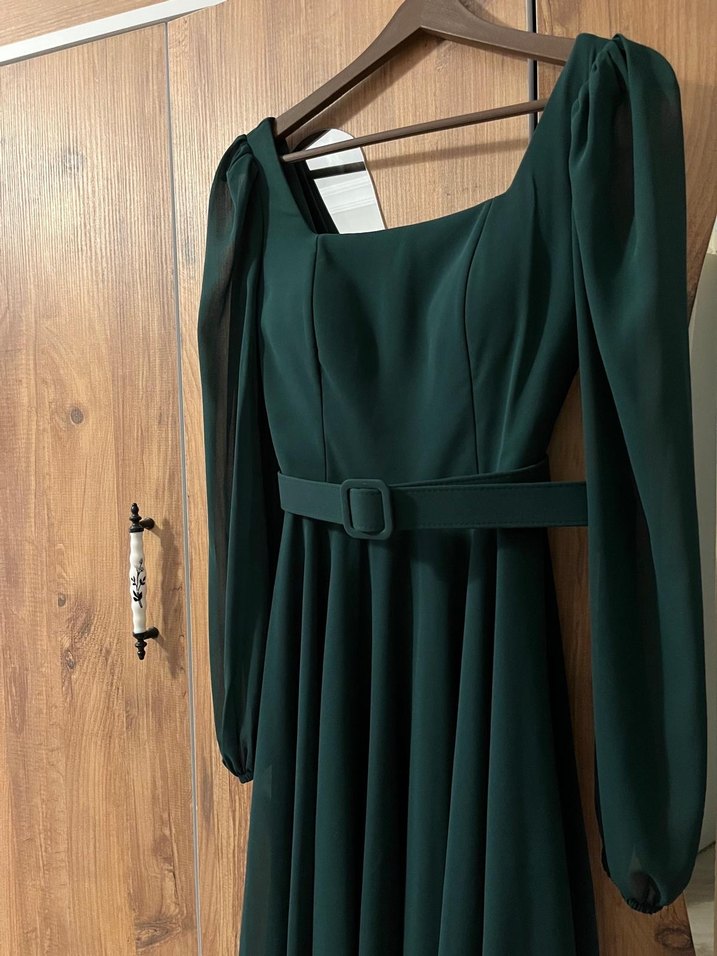 Kemerli Klasik Vintage Uzun Elbise - Görsel 2