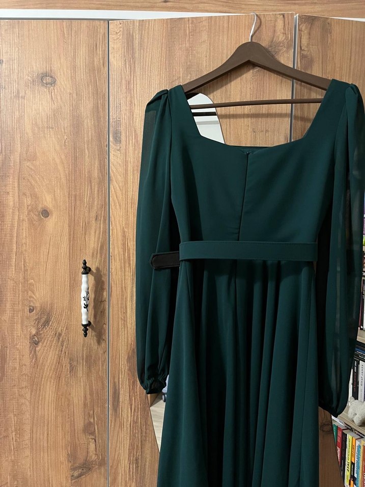 Kemerli Klasik Vintage Uzun Elbise - Görsel 4