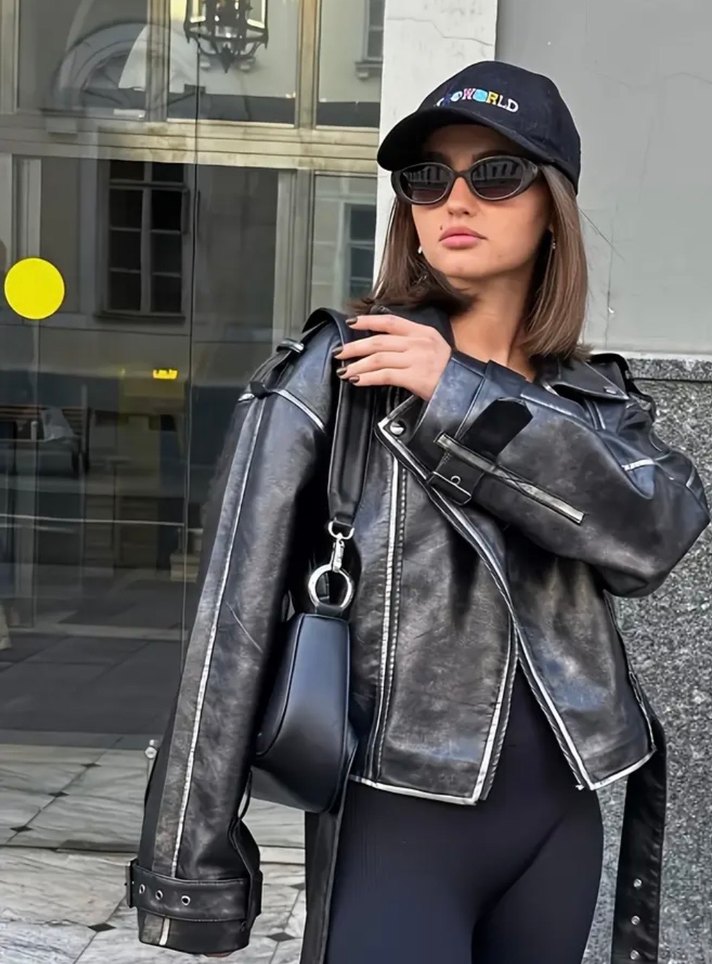 Siyah Deri Biker Ceket - Görsel 2