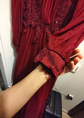 40 Beden Bordo Uzun Kollu İşlemeli Vintage Elbise