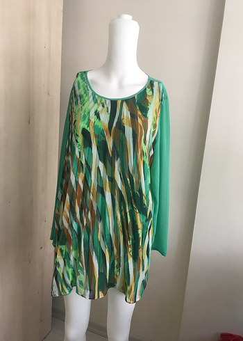 Piliseli Bağlama Desenli Yeşil Tunik bluz
