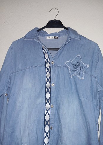 Nakışlı Uzun Mavi Kadın Kot Ceket - Görsel 3