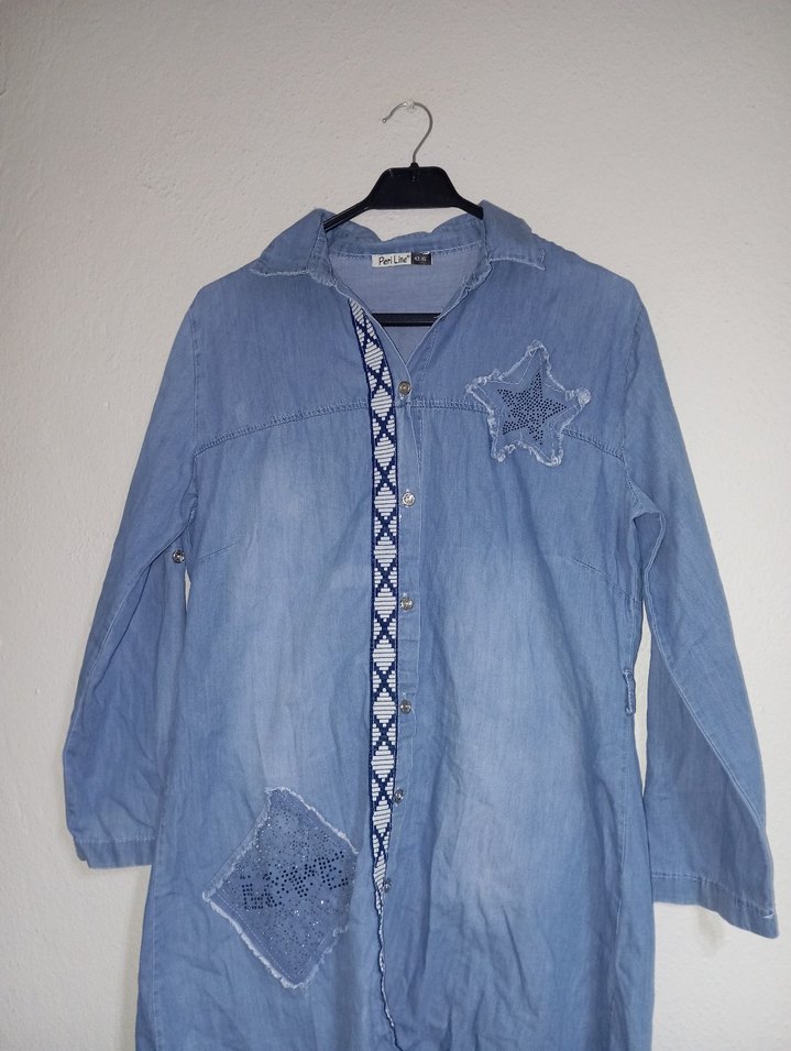 Nakışlı Uzun Mavi Kadın Kot Ceket - Görsel 2