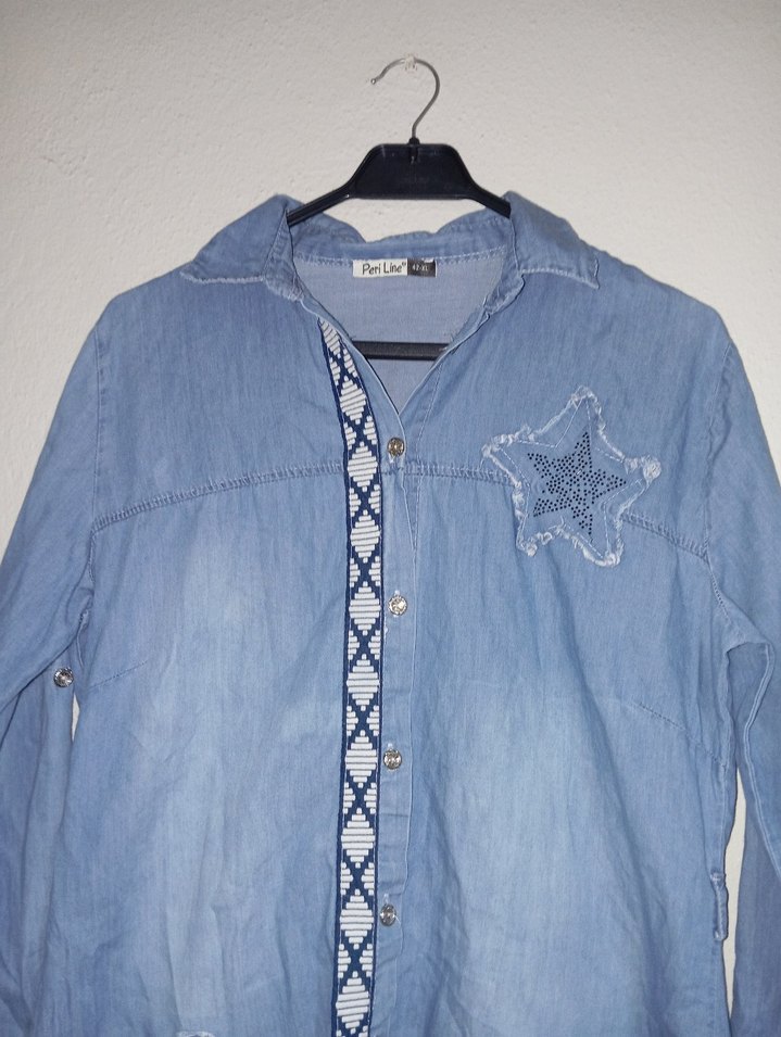 Nakışlı Uzun Mavi Kadın Kot Ceket - Görsel 3