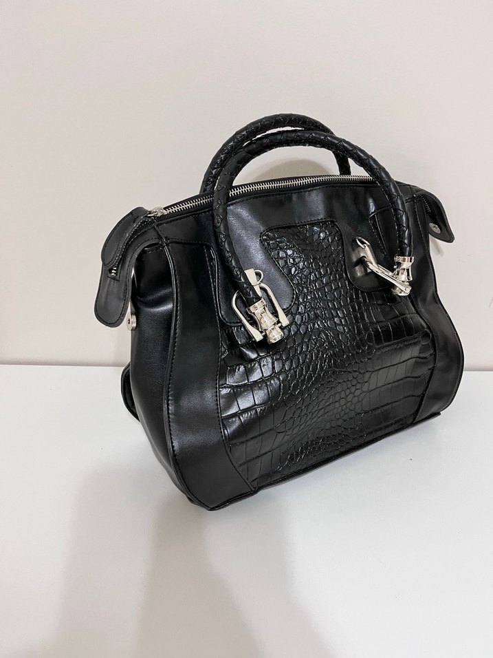 Krokodil Desenli Siyah Deri Kadın Çanta - Görsel 3