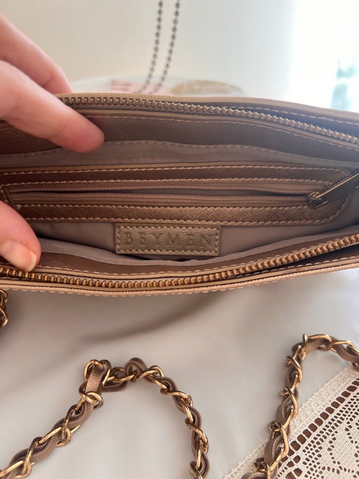 Bej Deri Zincir Detaylı Kadın Çanta - Görsel 3