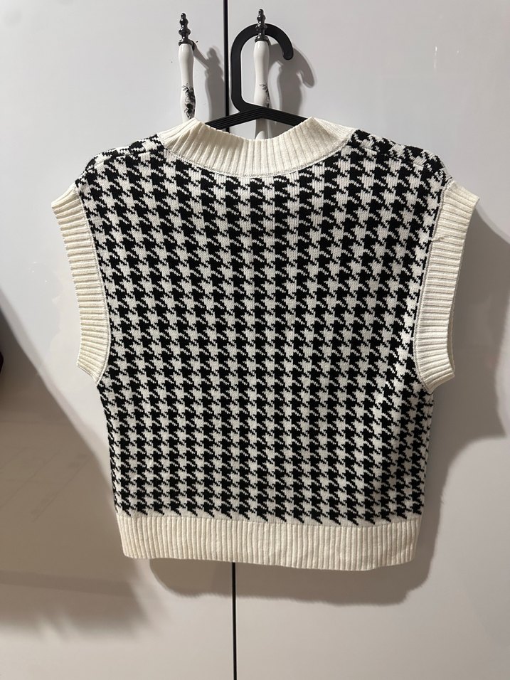 Ekoseli V Yaka Örgü Kadın Süveter - Görsel 2