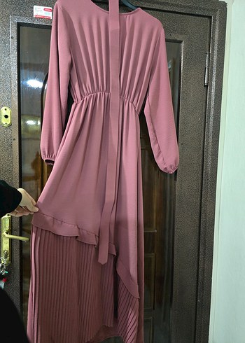 Piliseli Uzun Kollu Pembe Uzun Elbise - Görsel 3