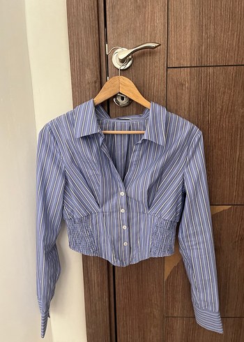 Düğmeli, Çizgili Mavi  Kadın Gömlek - Görsel 2