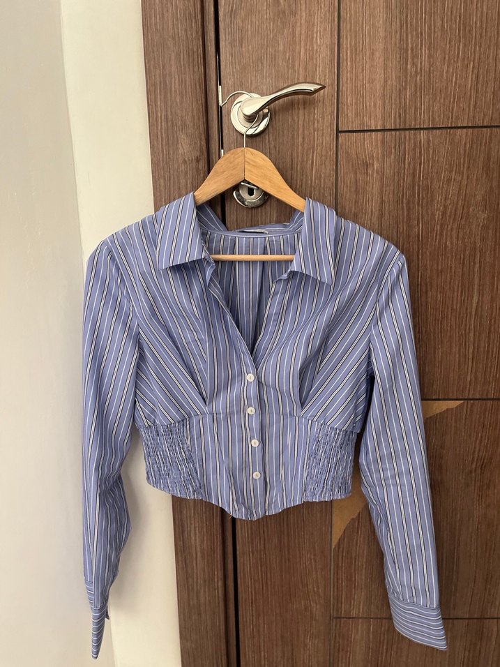 Düğmeli, Çizgili Mavi  Kadın Gömlek - Görsel 2