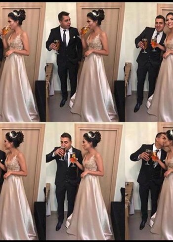 V Yaka Kolsuz Uzun A Kesim gold abiye - Görsel 3