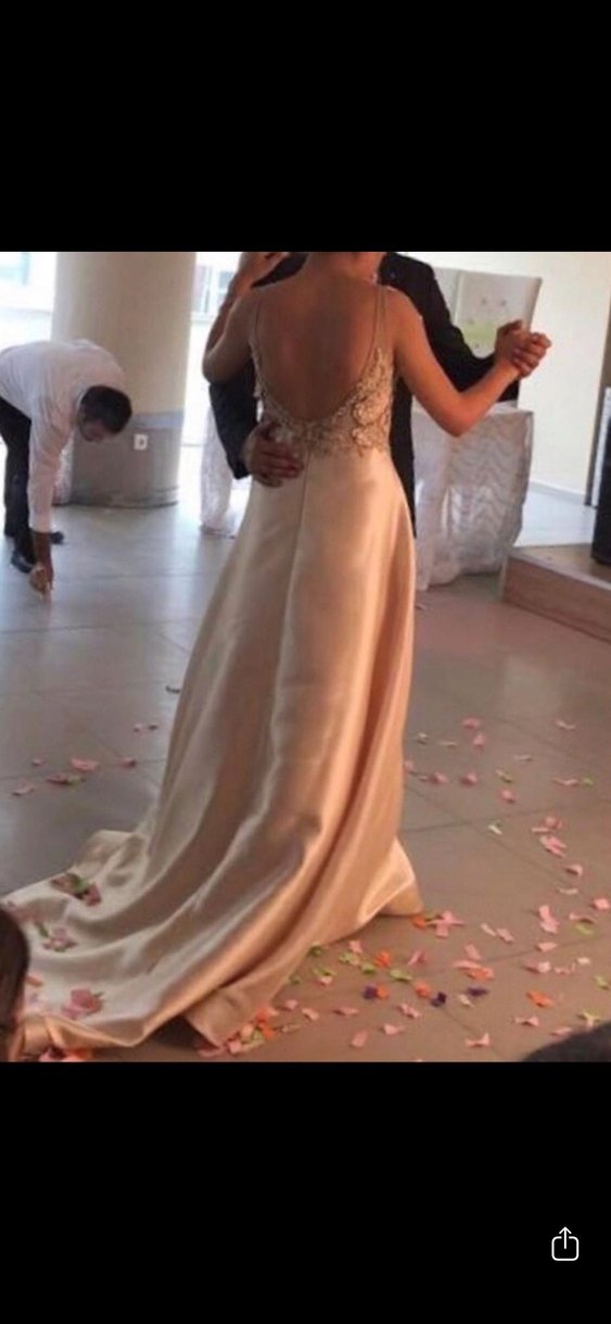 V Yaka Kolsuz Uzun A Kesim gold abiye - Görsel 2