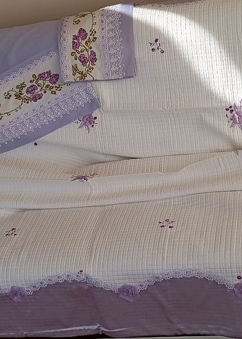 lila renkNakışlı Kaneviçe işmeli pike , 2 yastık ve kılıfı - Görsel 12