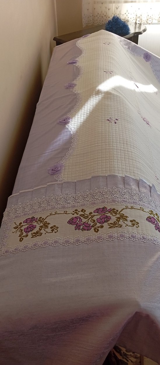 lila renkNakışlı Kaneviçe işmeli pike , 2 yastık ve kılıfı - Görsel 4