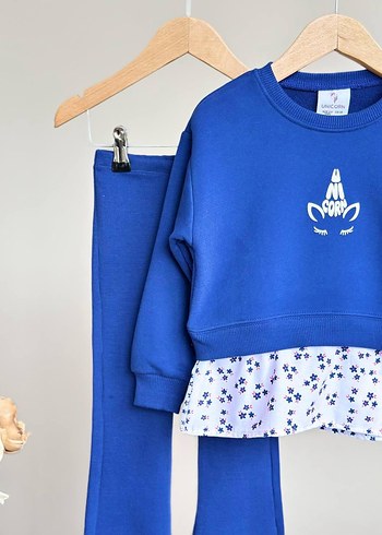 6 Yaş Beden Kız Çocuk Mavi Örme Sweatshirt ve Pantolon Takımı