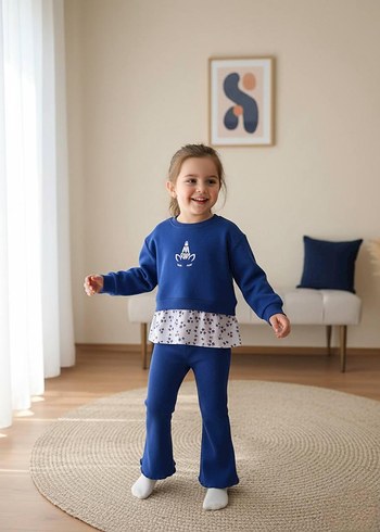 Kız Çocuk Mavi Örme Sweatshirt ve Pantolon Takımı