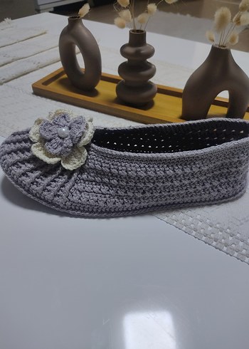 Gri Örgü Çiçekli Kadın Ev Terliği - Görsel 4