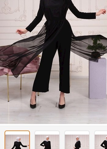 Siyah Kadın Uzun Tulum, Dökümlü, Yüksek Yaka - Görsel 2