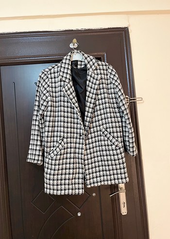 Düğmeli Ekose Desenli Midi Kadın Blazer