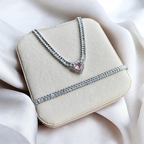 Tasarımcı Silver Su Yolu Pembe Kalp Kolye & Baget Bileklik Çelik Set