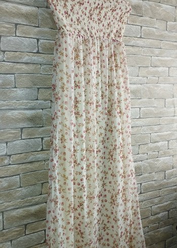 Bej Çiçek Desenli Uzun Bohem Elbise - Görsel 2