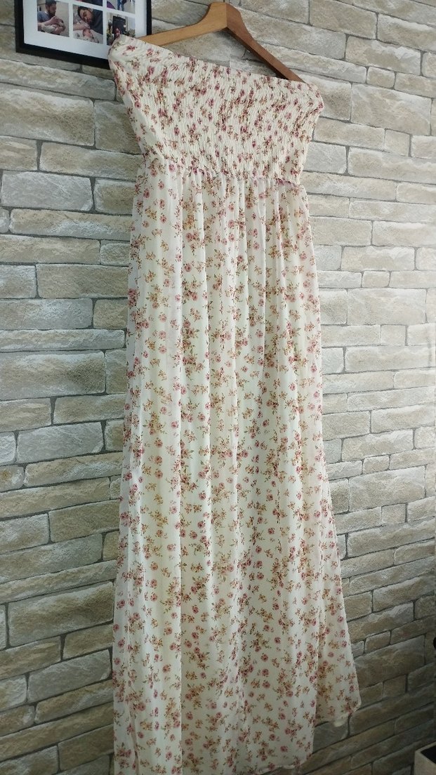 Bej Çiçek Desenli Uzun Bohem Elbise - Görsel 2