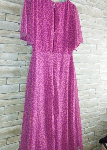 Mor Leopar Desenli Uzun Drapeli Elbise - Görsel 2