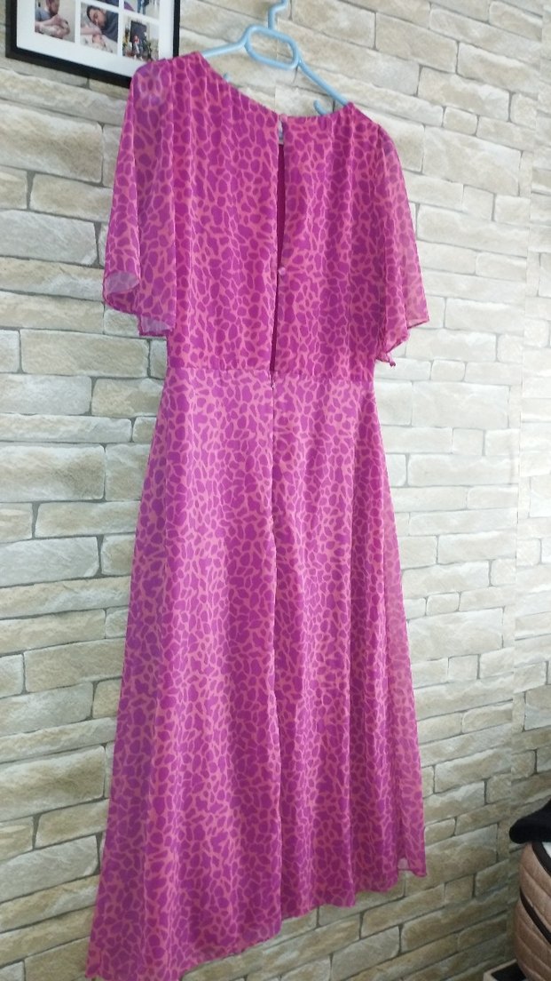 Mor Leopar Desenli Uzun Drapeli Elbise - Görsel 2