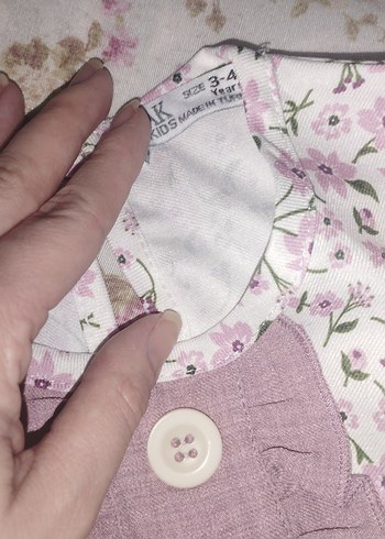 Kız Çocuk Pembe Çiçekli Keten Elbise - Görsel 3