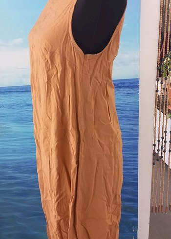 Bej Uzun Keten Salaş Elbise - Görsel 2