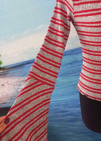 Kırmızı Çizgili Kadın yarim boğaz Yaka Kazak - Görsel 3