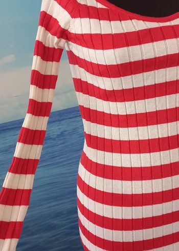 Kırmızı Çizgili Uzun Triko Elbise - Görsel 4