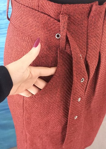 Düğmeli Bordo Midi  Etek - Görsel 4