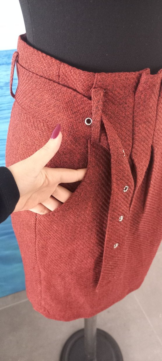 Düğmeli Bordo Midi  Etek - Görsel 4