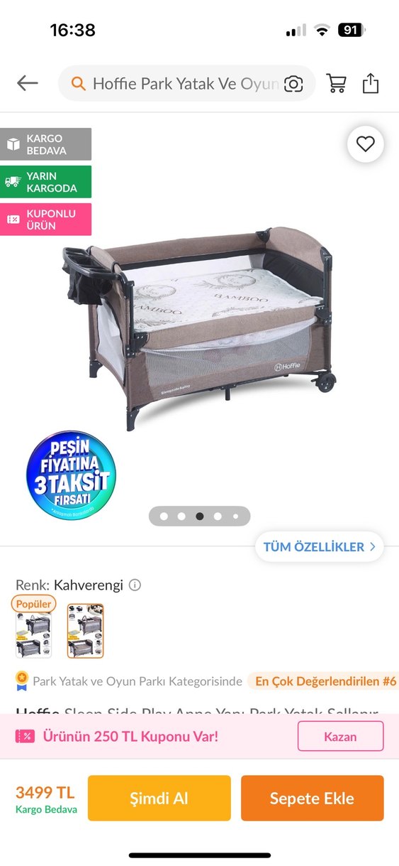 Kahverengi Çok Fonksiyonlu bebek Park Yatak - Görsel 3