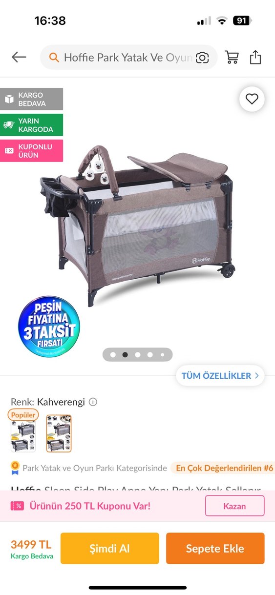 Kahverengi Çok Fonksiyonlu bebek Park Yatak - Görsel 2