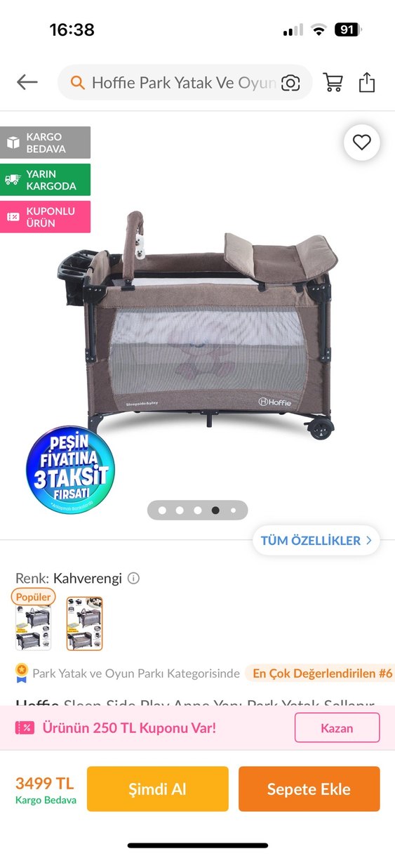 Kahverengi Çok Fonksiyonlu bebek Park Yatak - Görsel 4