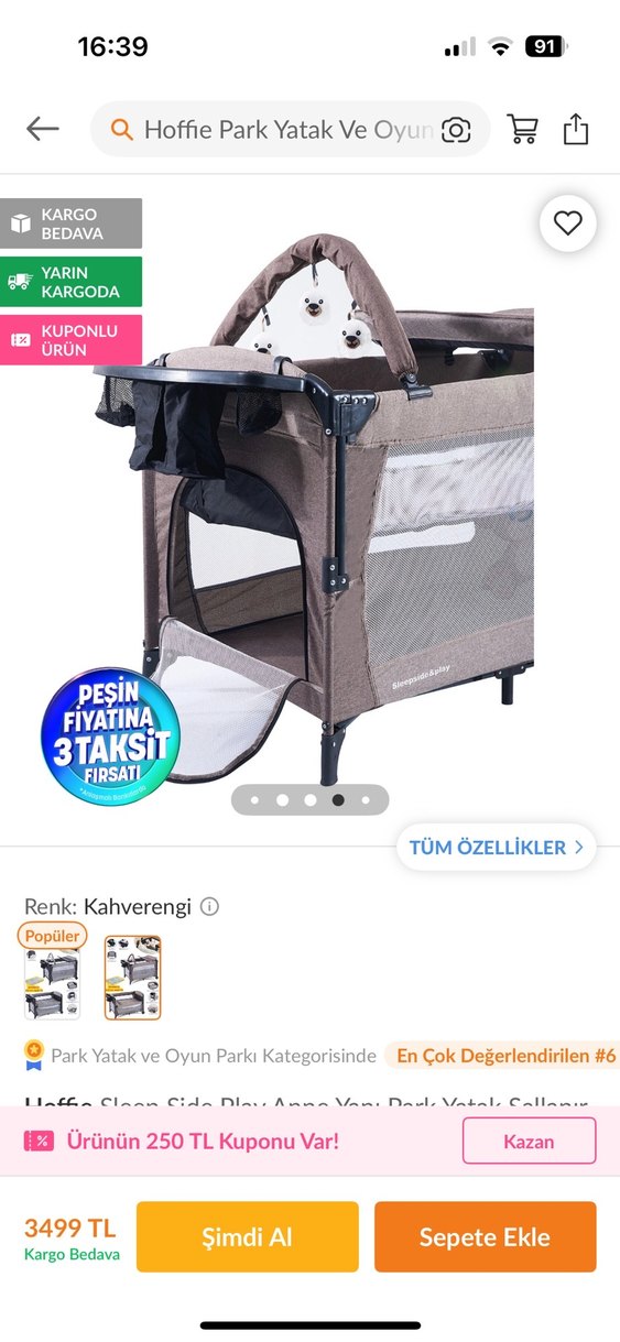 Kahverengi Çok Fonksiyonlu bebek Park Yatak - Görsel 5