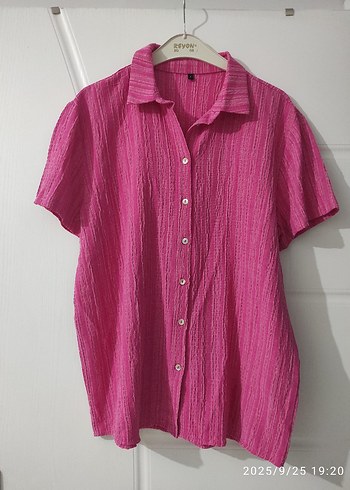 Pembe Keten Düğmeli Kısa Kollu Gömlek