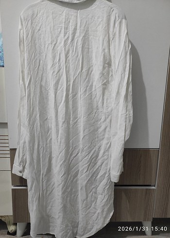 Beyaz Uzun Kollu Keten Midi Gömlek - Görsel 6