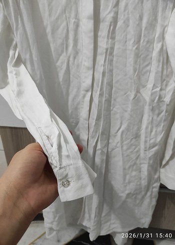 Beyaz Uzun Kollu Keten Midi Gömlek - Görsel 4