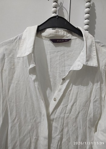 Beyaz Uzun Kollu Keten Midi Gömlek - Görsel 2