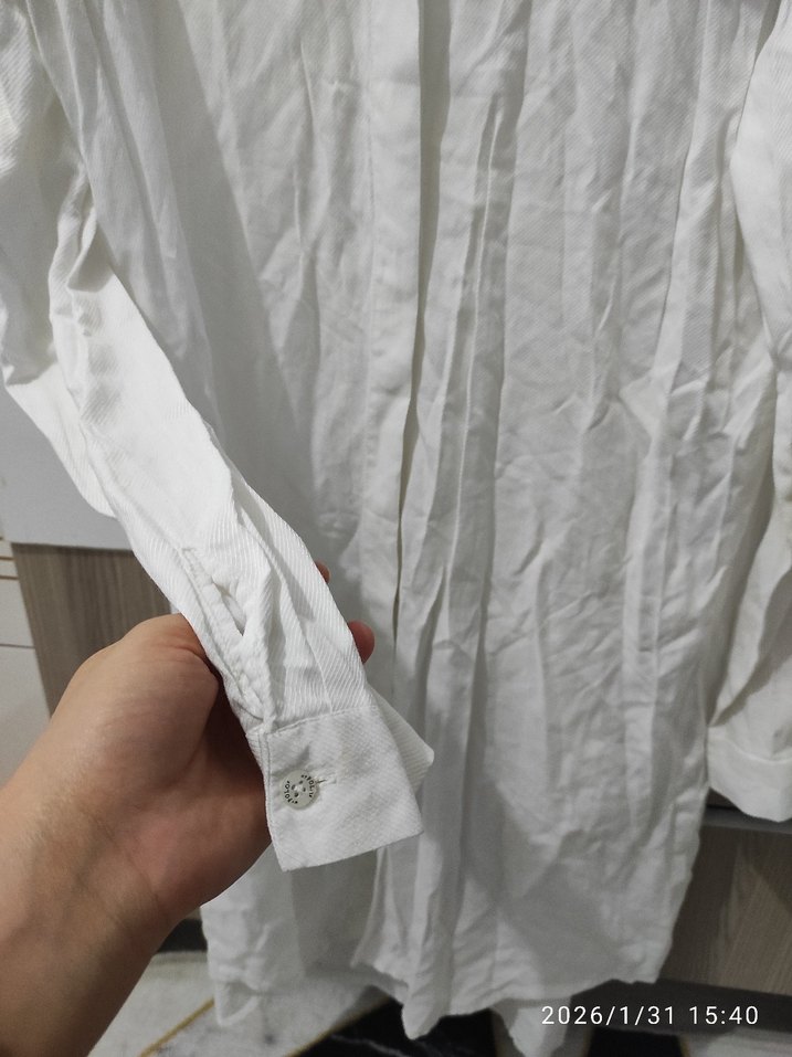 Beyaz Uzun Kollu Keten Midi Gömlek - Görsel 4